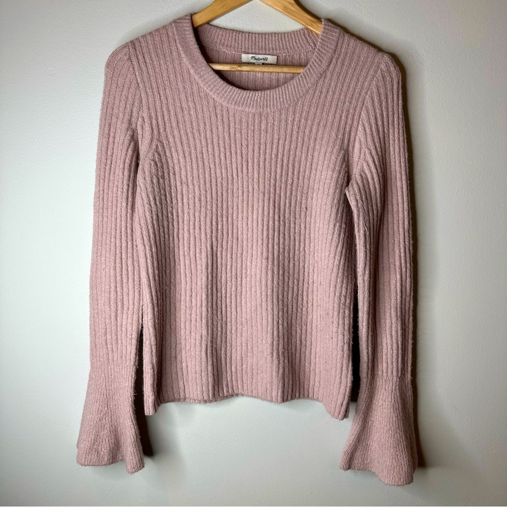 Madewell Sweater Sweatshirt Medium Pink Flare Cuff‎ Pullover Wool Blend Stretch